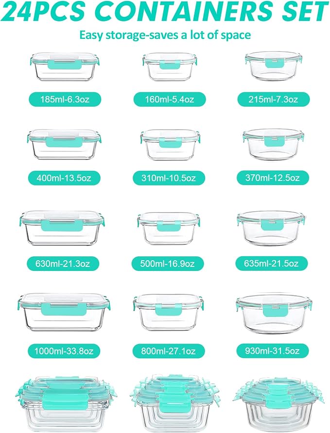 VERONES 12 Packs Glass Food Storage Containers Set with Lids, Green | Airtight Glass Lunch Containers, Glass Meal Prep Containers with Lids, for Microwave, Oven, Freezer & Dishwasher Friendly - Image 2