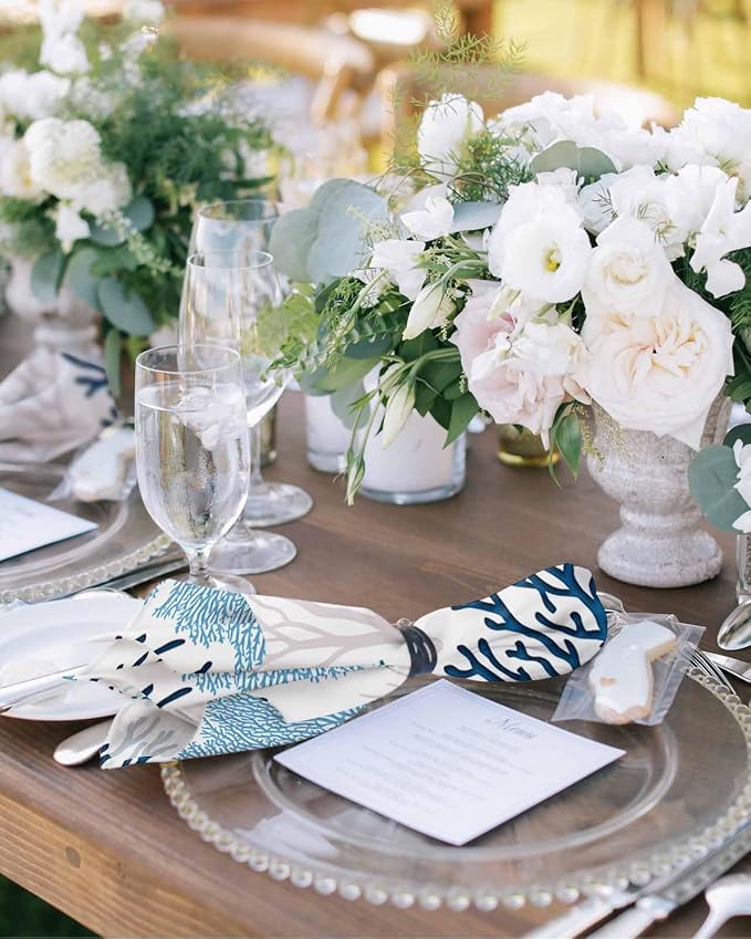 Ocean Blue Coral Dinner Napkins Cloth Set of 8 Polyester Napkins 20 x 20 Inch, Sea Teal Retro Beach Nautical Marine Washable and Reusable Table Napkins for Wedding Cocktail Hotel - Image 2