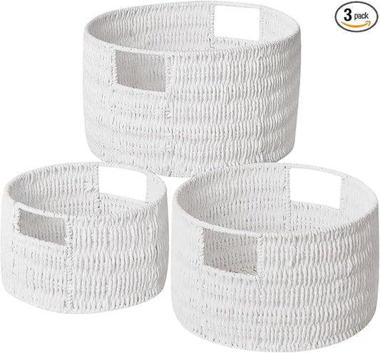 Wicker Storage Basket, Hand-Woven Paper Rope Large Round Woven Basket With Handles, Wicker Baskets for Organizing/Storage, White, 3-Pack by Vagusicc