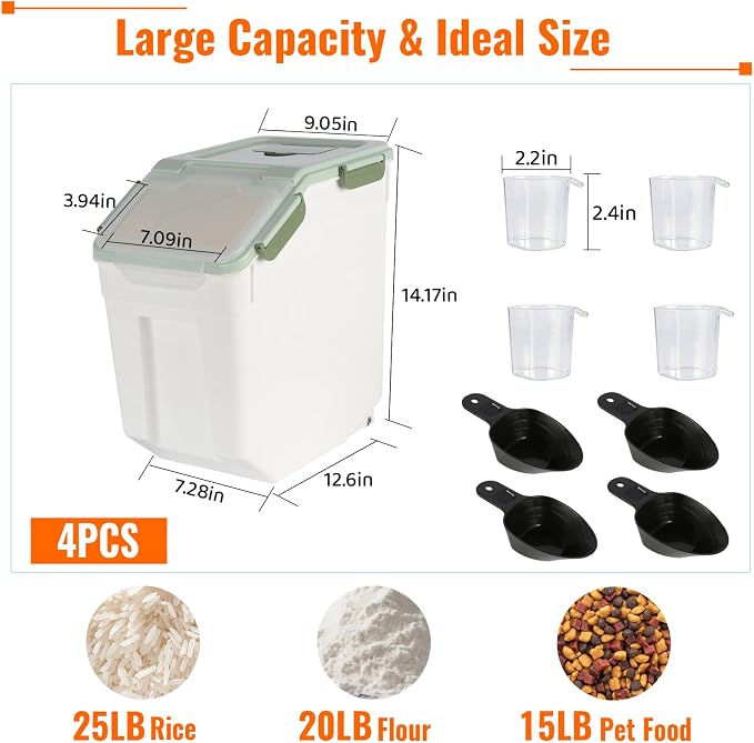 4 Pack Rice Container 25 lbs Large Bulk Flour Sugar Storage Holdhouse Plastic Grain Cereal Dry Goods Bin with Spoon and Measuring Cup for Kitchen Pantry Organization - Green - Image 2