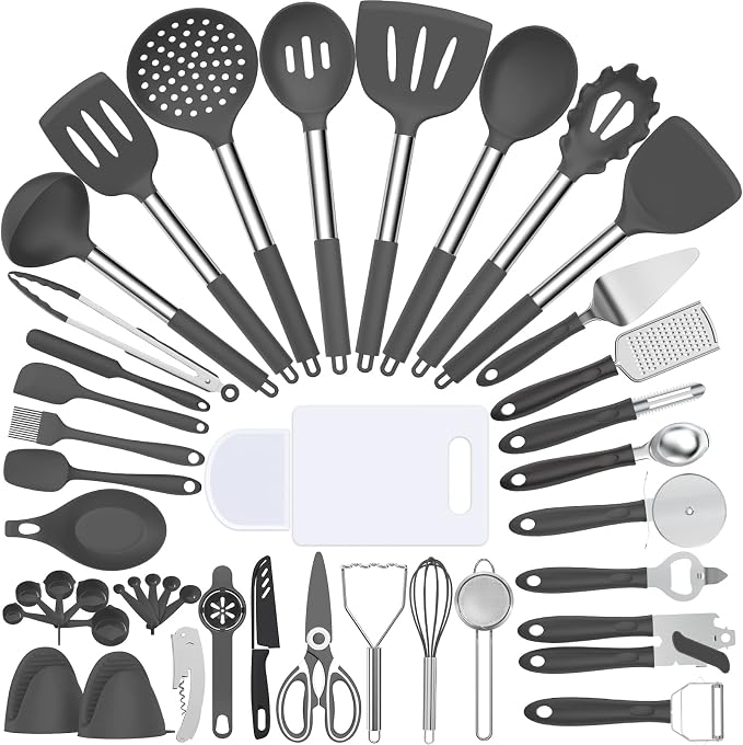Silicone Cooking Utensil Set, Umite Chef 43 PCS Heat Resistant Kitchen Utensil Gadgets Set-Stainless Steel Handle- Kitchen Spatula Tools for Nonstick Cookware, Pots and Pans Accessories(Grey) by UmiteChef