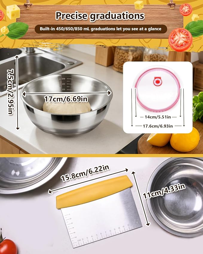 3 Pack Pizza Dough Proofing Containers, 29 oz/850 ml Stainless Steel Proofing Box with Clear Airtight Lids, Stackable Fermentation Storage for Pizza, Bread, Sourdough, Includes Dough Cutter - Image 5