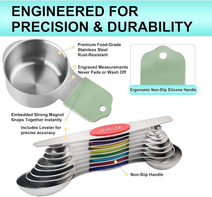 Magnetic Measuring Cups and Spoons Set of 16, 7 Stainless Steel Measuring Cups, 8 Double-Sided Measuring Spoons with 1 Leveler, Color Coded Handles, Dual Markings for Dry and Liquid Ingredients - Image 3