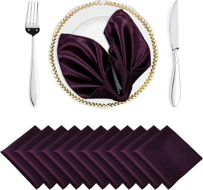 MDS® Pack of 150 Satin Napkins 12 x 12 Inch, Soft Silky Reusable Cloth Dinner Table Napkins for Wedding Décor, Reception, Birthday, Parties, Banquets, Catering, Restaurants & Hotel - Plum by MDS