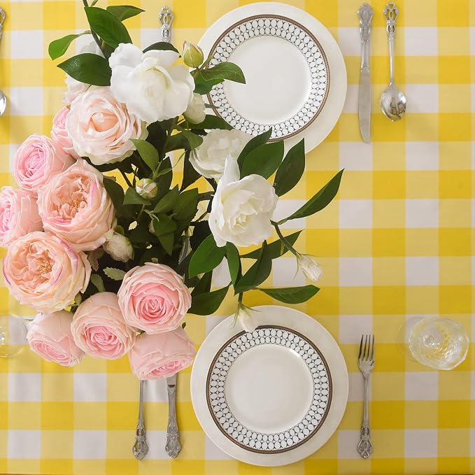 Cupuamon 2 Pack Waterproof Polyester Fabic Rectangle Checkered Tablecloth，60x84 Outdoor Table Cloth，Oil Stain Prevention Table Cloth for Pinics and Parties（Yellow and White） - Image 4