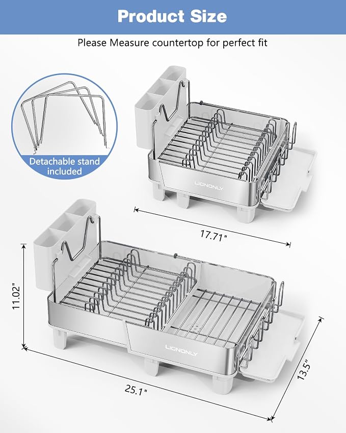 Dish Drying Rack, 304 Stainless Steel Expandable Dish Rack with Adjustable Drain Spout, Large Capacity Dish Drainer with Utensil Holder, Cup Holder and Cutting Board Rack for Kitchen Counter, White - Image 2