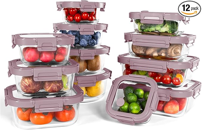 12-Pack Glass Containers with Tempered Lids – Borosilicate, Oven-Safe(-4°F~950°F), Airtight, BPA-Free, Multi-Size for Meal Prep, Dishwasher Safe, 1.6 cups to 6.4 cups (Pink) by BOROHOUSE