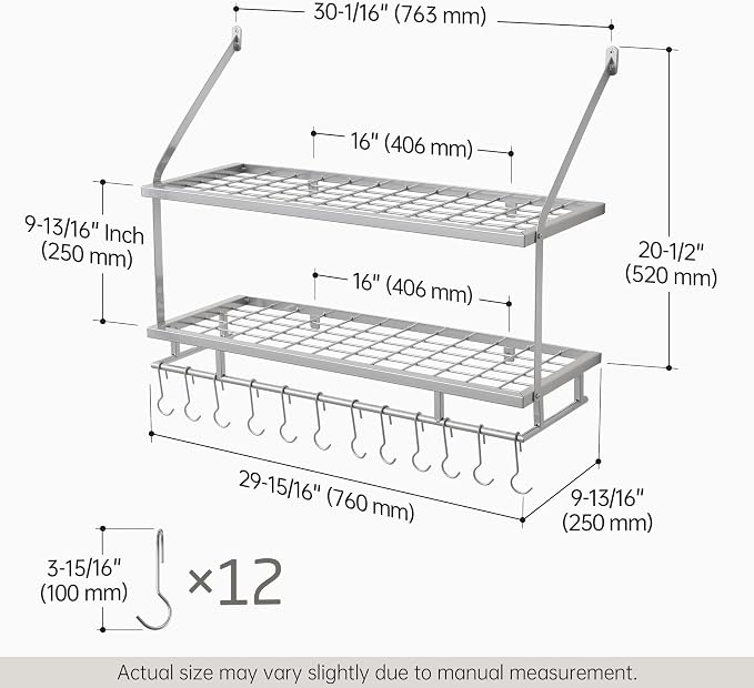 KES 30-Inch Silver Gray Pot Rack Wall Mounted, 100 Lbs Capacity | 2-Tier, Hanging Pot and Pan Organizer with 12 Sturdy Hooks, Kitchen Wall Hanger Shelves Modern, KUR215S75B-SG - Image 5