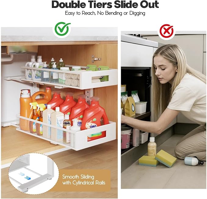 2 Packs 19IN Depth Under Sink Organizer, 2-Tier Pull Out Cabinet Organizer With Smooth Circular Rail, Large Capacity Metal Mesh Sliding Drawers For Bathroom& Kitchen Storage,Height Adjustable –White - Image 7