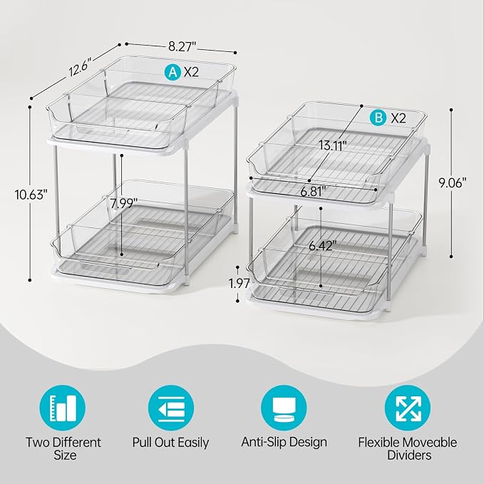 Delamu 4 Pack 2-Tier Bathroom Under Sink Organizers and Storage, Multi-Purpose Stackable Pantry Organization and Storage, Pull Out Clear Kitchen Bathroom Cabinet Organizer with Movable Dividers, White - Image 2