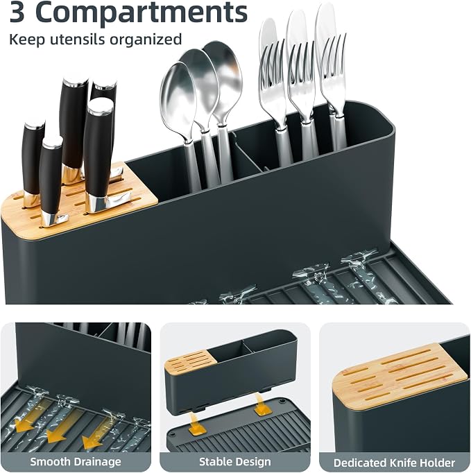 Urackify Extendable Dish Rack, 18.5"-26.7" L x 12.7" W, Dark Slate Gray | Multifunctional large dish rack with cup holder and built-in cutlery holder for versatile drying needs - Image 5