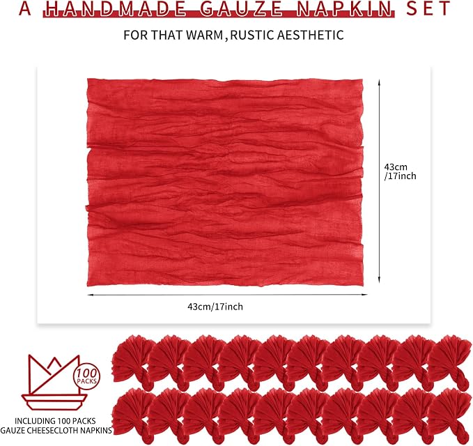 100 Pieces Cloth Napkins Red Dinner Cheesecloth Napkins for Wedding,Wrinkled Cloth Napkins Bulk for Home Party Rustic Table Decoration, 17 x 17 Inch - Image 2