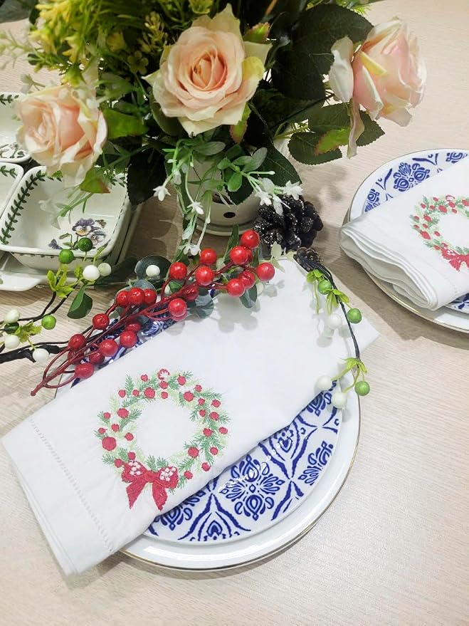 Embroidered Cotton Napkins Christmas 20x20 (Wreath Red Berries Christmas) - Image 4