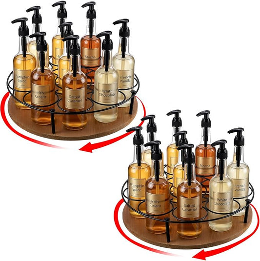 2 Pcs 9 Bottles Rotating Coffee Syrup Organizer, Large S Syrup Rack Carbon Steel Frame with Wooden Base Bottle Holder Stand for Coffee Bar Station, Turntable Wine Display Tray by Unknown