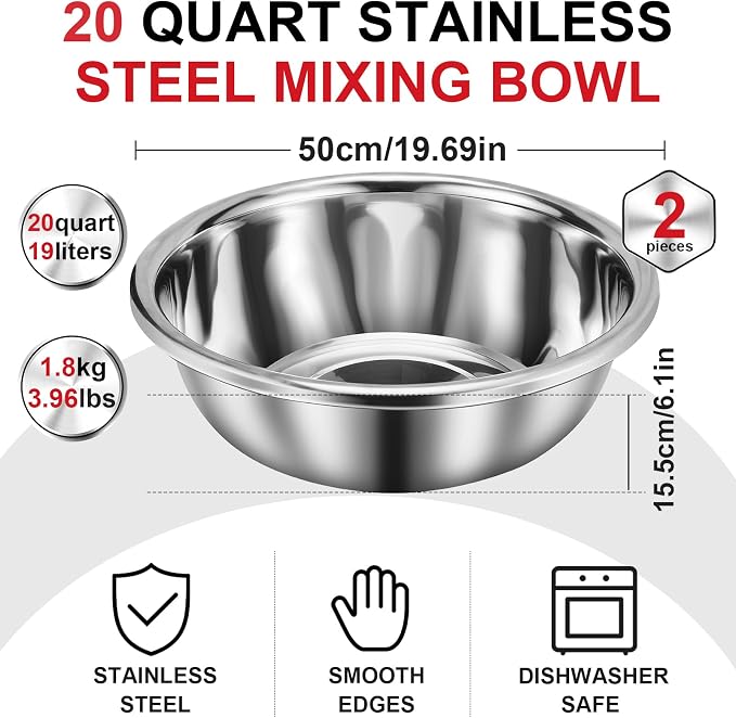 FillTouch 2 Pack Large Mixing Bowl 20 Qt Oversized All Purpose 304 Stainless Steel Polished Mirror Flat Base Metal Bowl for Home or Commercial Prepping Baking Mixing Marinating - Image 2