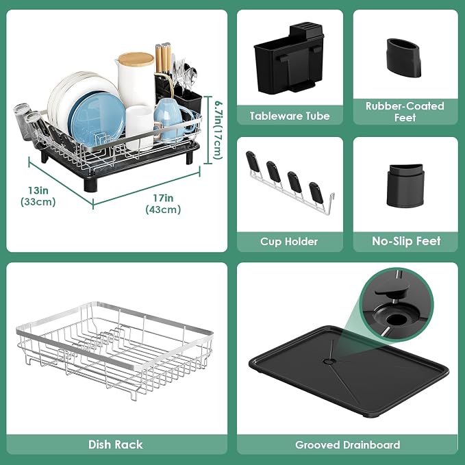 MOUKABAL Stainless Steel Dish Drying Rack for Kitchen Counter, Black Silver | 13×17 Large Capacity/Drainboard with Rotating Spout/Removable Cup & Utensil Holders/Fast Drainage/Countertop Dish Drainer - Image 3