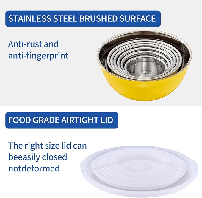 Yellow Mixing Bowls with Airtight Lids, Stainless Steel Nesting Mixing Bowls Set of 7, Ideal for Baking, Prepping and Serving Food, Size 7, 3.6, 2.7, 2.1, 1.5, 1.1,0.8 QT, Stackable Design - Image 4