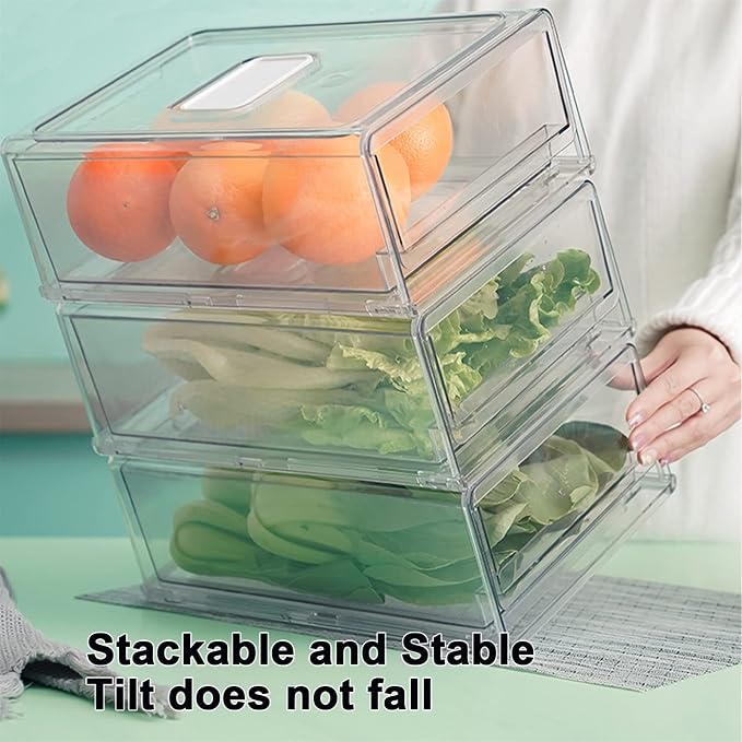YekouMax Pantry Organization and Storage Bins, Refrigerator Organizer, Plastic Stackable Storage Bins with Drawers, Pull-Out Cabinet Containers for Fridge Kitchen Office (2 PACK, 11.81"x5.31"x 4.52") - Image 4