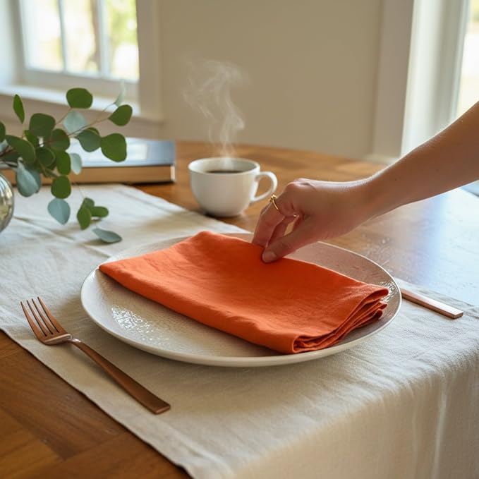 Linen Napkins –100% French Flax – Stonewashed Pure Linen Cloth Napkins - Size 18 Inch x 18 Inch – Set of 4 (Sunset Orange) - Image 8