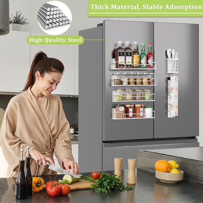 Magnetic Spice Rack for Refrigerator, 6 Pack Strong Magnet Spice Organizer with Paper Towel Holder, Utensil Holder, Moveable Magnetic Fridge Shelf for Kitchen Organization and Storage (White) - Image 5