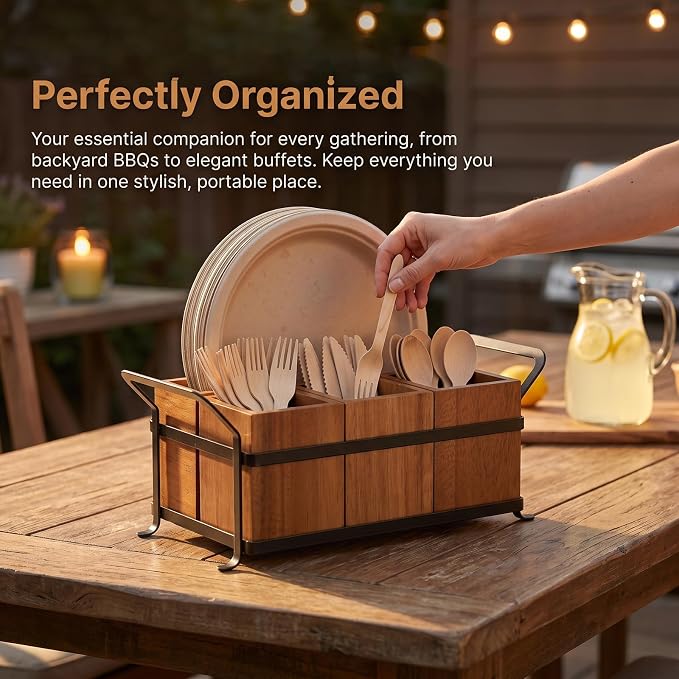 NelyBet Utensil Holder Silverware Caddy for Party Countertop, 4pcs Wood Bins Set Silverware Organizer Cutlery Holders for Spoon Fork Napkin Plate - Image 4