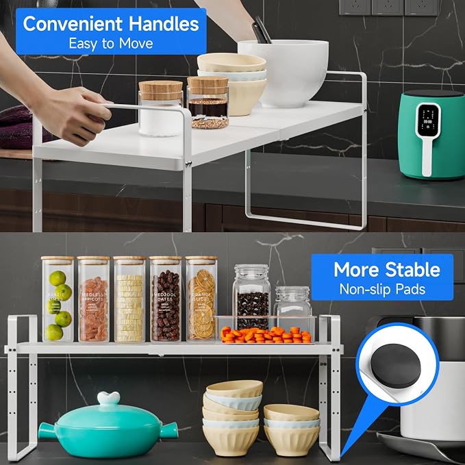 Expandable Cabinet Shelf Organizer, Stackable Kitchen Pantry Counter Storage, Adjustable Closet Cupboard Stand Rack Risers Spice Organization 80LBS Heavy Duty White Large 1 Pack - Image 6