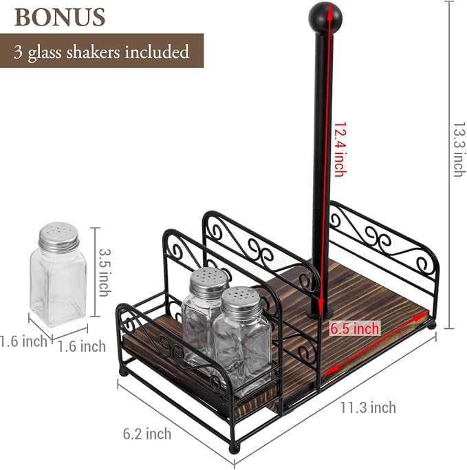 MyGift Matte Black Metal Wire Scrollwork Paper Towel Roll Holder Combo Caddy with Rustic Burnt Solid Wood Base, Napkin Holder, and Spice Rack - Image 5
