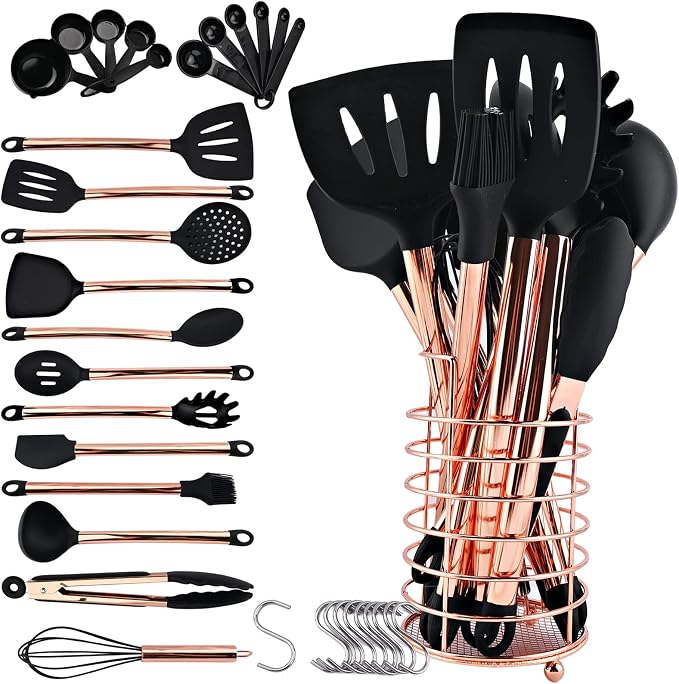 Non-stick Silicone Cooking Utensil Set with Holder, 16pcs Kitchen Utensils Set Heat Resistant Cookware Copper Stainless Steel Handle Cooking Tools Turner Tongs Spatula Spoon - Black&Rose Gold by BRIIEC