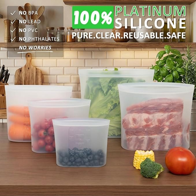 Premium Silicone Reusable Food Bags, Family Storage Set, 10 Pack, 100% Platinum Silicone Food Storage Bag Stand-Up Wide-Mouth Zip-Lock, Microwave Dishwasher Safe, 2XL/2L/2M/2S/2XS, Crystal-Clear - Image 2