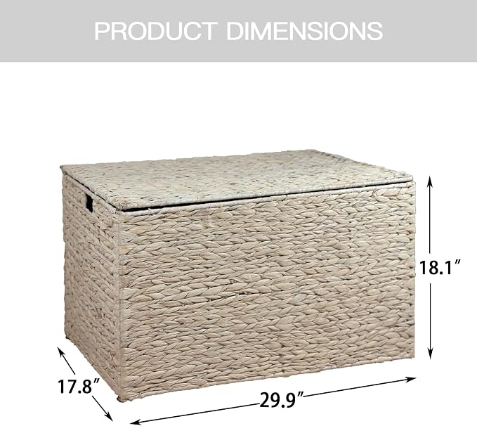 Water Hyacinth Storage Basket with Lid, 42.3 Gallon (160L) Wicker Storage Trunk with Handles, Handwoven Wicker Storage Basket for Blanket, Foldable, for Living Room, Laundry Room, White - Image 3