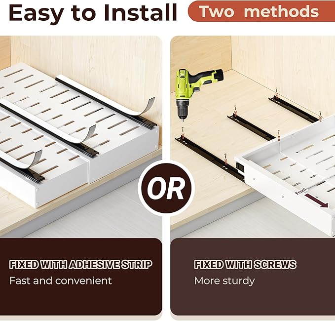 2 Pcs Pull Out Cabinet Organizers, Width (12"-19") and Depth (17"-23") Expandable With 3 Slides, No Drill Slide out Drawers Adhesive Film or Nail Cabinets Without Lip in Kitchen, Bathroom - Image 5