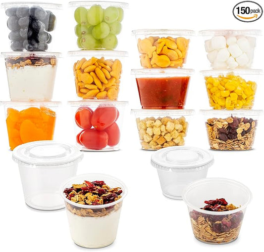 DuraHome Plastic Portion Cups with Lids 4 oz. & 5.5oz. Combo Pack of 150 Leakproof Jello Cup Mini Containers for Salad Dressing Sauce Condiment Snack Souffle and Salsa, Disposable, Interchangeable by DuraHome