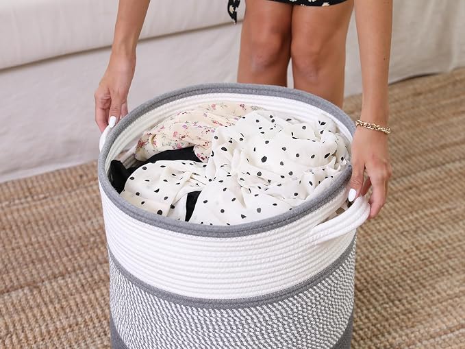 16" x 16" x 18" Extra Large Storage Basket with Lid, Cotton Rope Storage Baskets, Laundry Hamper, Cloth Bin, for Clothes Towels Blankets Pillows Storage in Living Room, White/Grey Mix/Dark Grey - Image 7