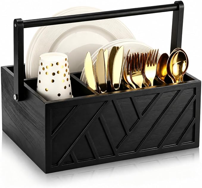 LemonRoad 13 Inch Rustic Silverware Caddy with Handle Wooden Flatware Utensil Holder Paper Plate and Silverware Caddy Organizer Cutlery Holder for Kitchen Countertop Picnic Cups Forks Napkins(Black) by Unknown