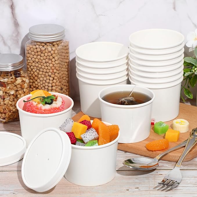 Fulmoon 100 Pack Paper Soup Containers with Lids Disposable Paper Food Containers with Vented Lid Kraft Ice Cream Cake Dessert Cups Soup Bowl for Party Hot Food Fruit Microwave(12 oz,White) - Image 4