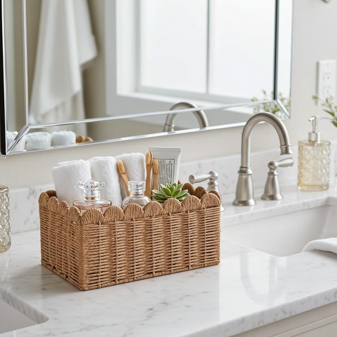 3 Pcs Wicker Baskets for Organizing,Scalloped Baskets, Hand-woven Wicker Storage Cubes, Paper Rope Shelf Baskets for Organizing and Decoration,Brown Basket - Image 8