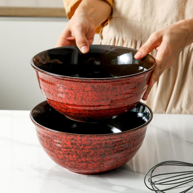 Hasense Ceramic Salad Bowl, 60 Ounces Large Serving Bowls, 8.5 Inch Soup Bowls Set of 2, Pasta Bowls for Ramen, Pho, Fruit, Housewarming, Wedding Gifts, Microwave Dishwasher Safe, Red - Image 4