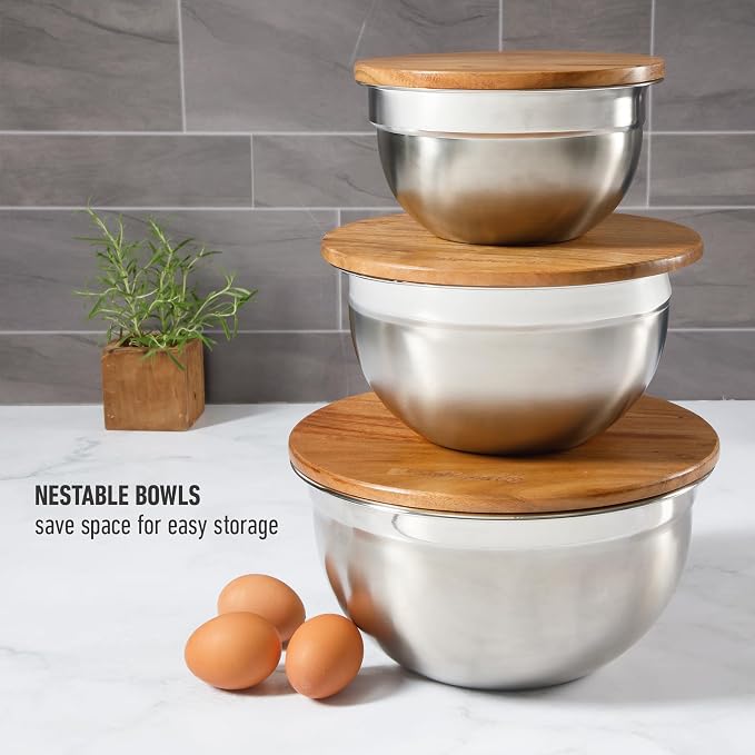 Calphalon Orbit Mixing Bowl Set, 3-Piece Stainless Steel Mixing Bowls(1.5 Qt, 3 Qt, 5 Qt) with Acacia Wood Lids & Non-Slip Base, Kitchen Prep Bowls for Mixing, Serving & Food Storage - Image 5