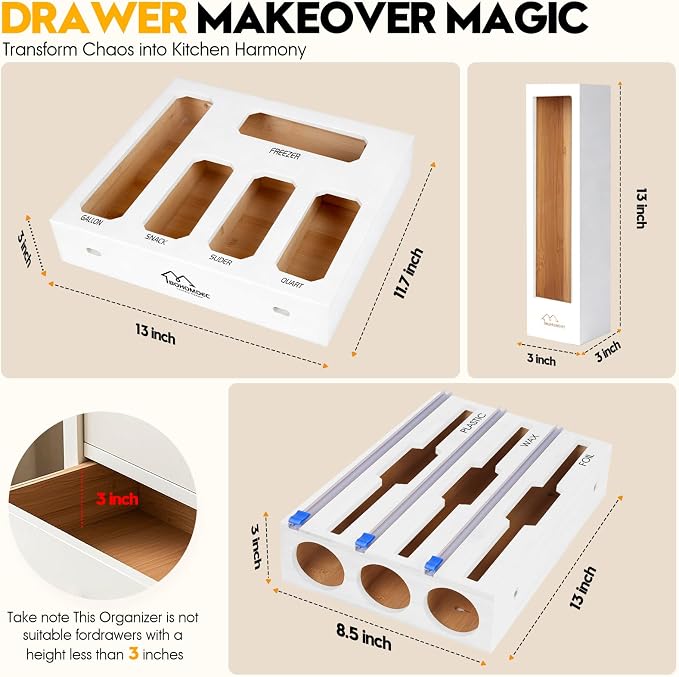 9 in 1 Foil and Plastic Wrap Dispenser with Cutter, White Bamboo Ziplock Bag Organizer for Drawer - Holds Gallon, Quart Bags & Aluminum Foil/Wax Paper, Wall Mountable Kitchen Storage - Image 2