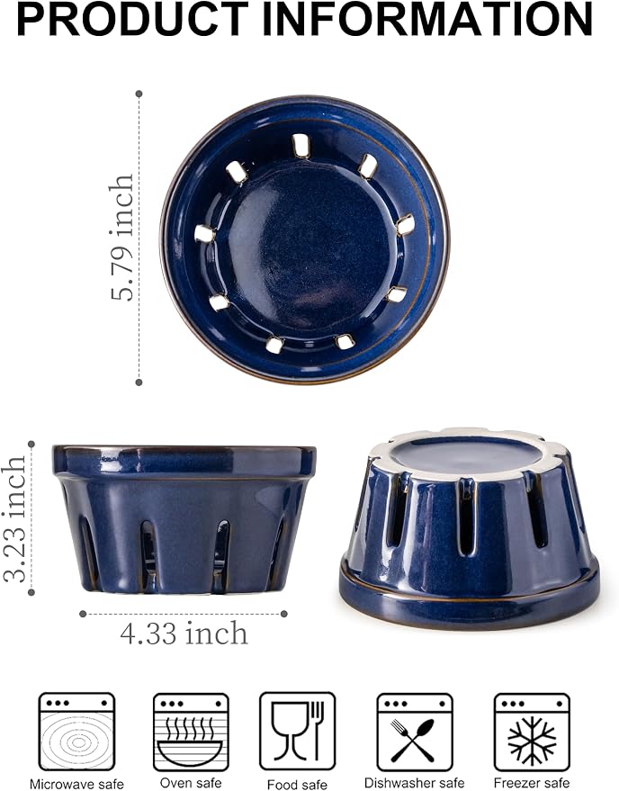 Gomakren Ceramic Berry Basket Set of 2, Fruit Bowl with Holes, Cobalt Blue | Drain Holes Keep Berries Fresh, Stackable Space-Saving, Dishwasher Safe, Versatile Fruit Serving & Farmhouse Kitchen Decor - Image 2