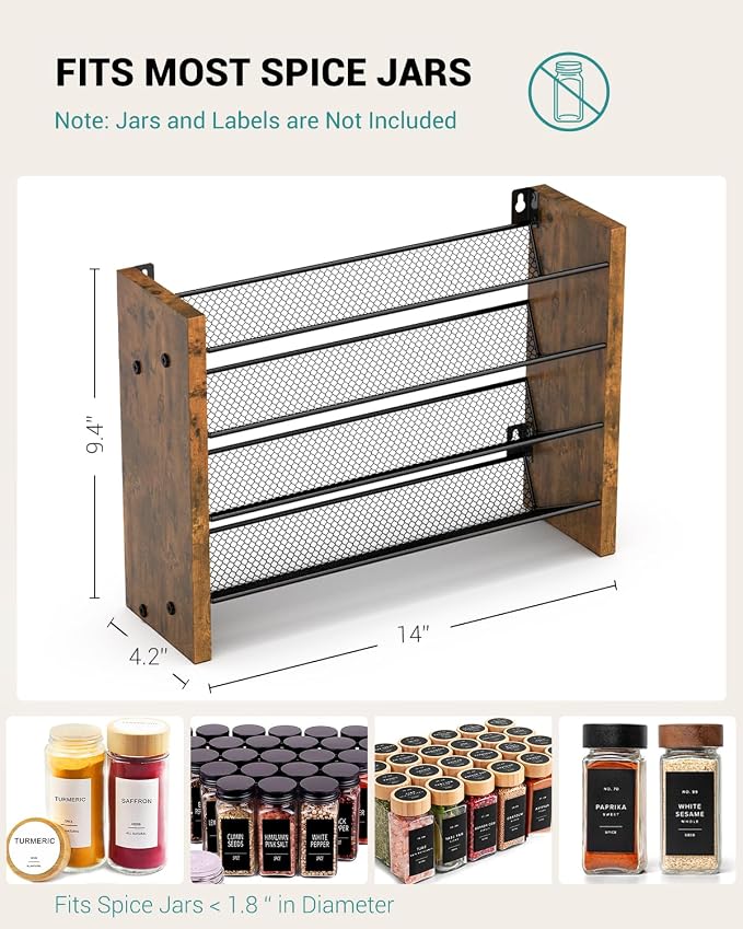 NESAPTO Spice Rack Organizer for Cabinet, Wood 4-Tier Vertical Seasoning Organizer, Wall Mount or Countertop Spice Shelf, Holds 28 Jars (No Jars Included), 14" W x 9.4" H - Image 2