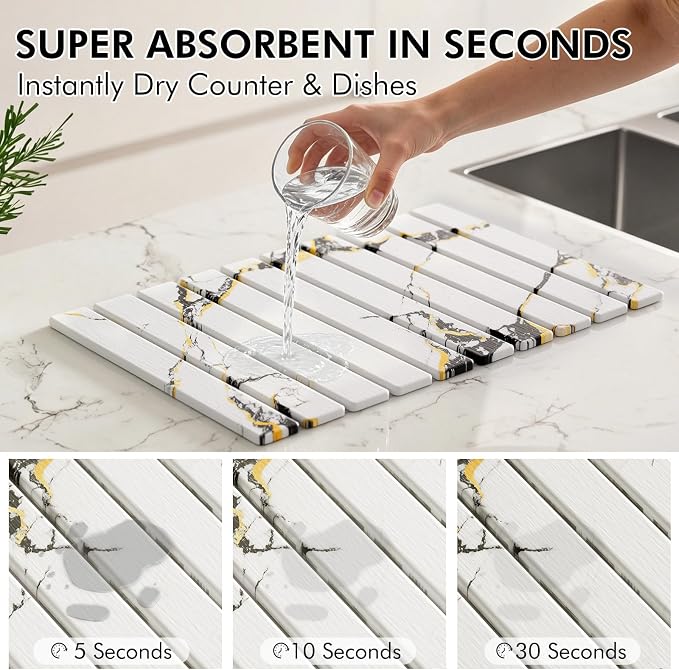 4 Pcs Stone Dish Drying Mat for Kitchen Counter, 24''x16'' Super Absorbent Diatomaceous Earth Stone Drying Mat Faucet Mat with 2 Coasters, Quick Dry Mat for Kitchen Counter Dishes Cups - Image 3