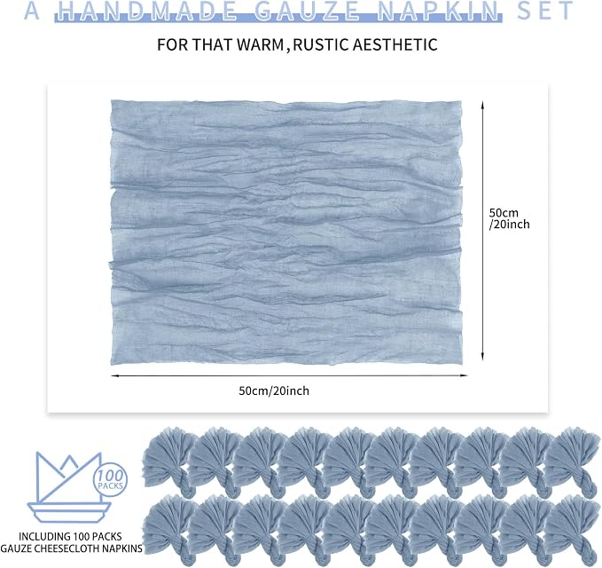 Teruntrue 100 Pack Dusty Blue Cloth Napkins Cheesecloth Napkins Set of 100 Gauze Napkins Bulk Washable Boho Dinner Table Napkins Wedding Party Baby Shower Birthday Party Decorations，20 x 20 Inch - Image 2