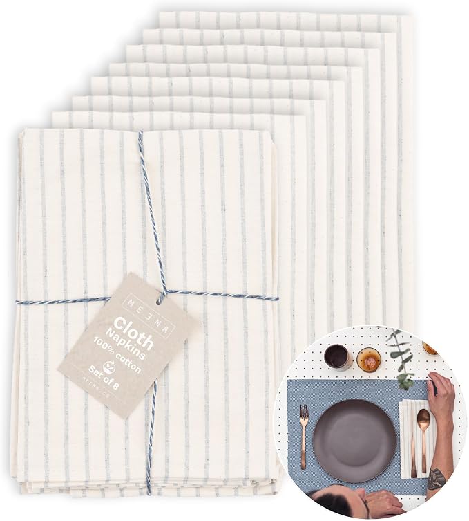 Table Napkins Cloth Set of 8, Servilletas de Tela para Mesa Elegantes, Natural Napkins Blue Striped, Soft Thick Reusable Kitchen Napkins for Christmas, Thanksgiving, Weddings 19.5x18.5 in by MEEMA