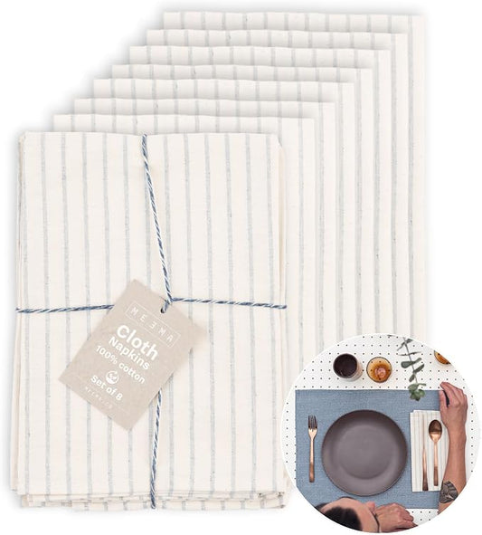 Table Napkins Cloth Set of 8, Servilletas de Tela para Mesa Elegantes, Natural Napkins Blue Striped, Soft Thick Reusable Kitchen Napkins for Christmas, Thanksgiving, Weddings 19.5x18.5 in by MEEMA