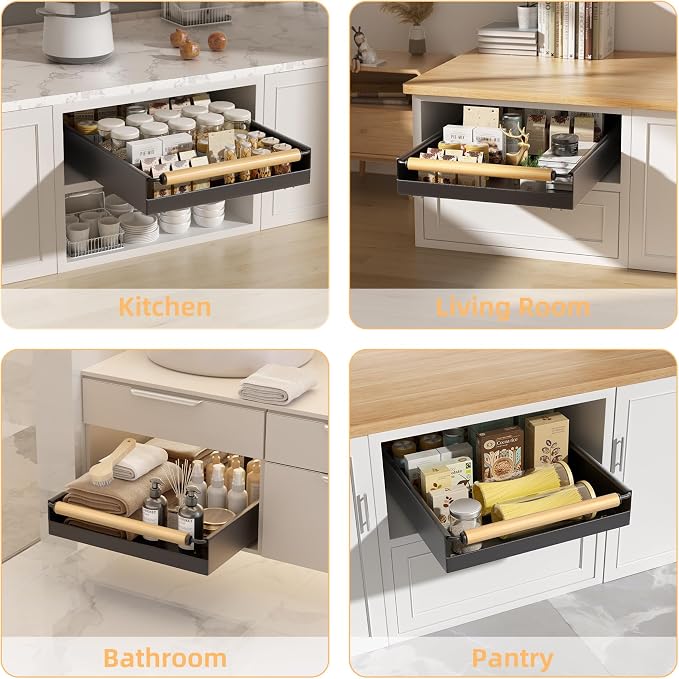 Pull Out Cabinet Organizer, 15.3'' Deep Expandable Slide Out Cabinet Organizer Fixed with Adhesive Nano Film, Slide Out Drawers Pull Out Tray for Cabinet in Kitchen, Pantry, Bathroom, Black - Image 8