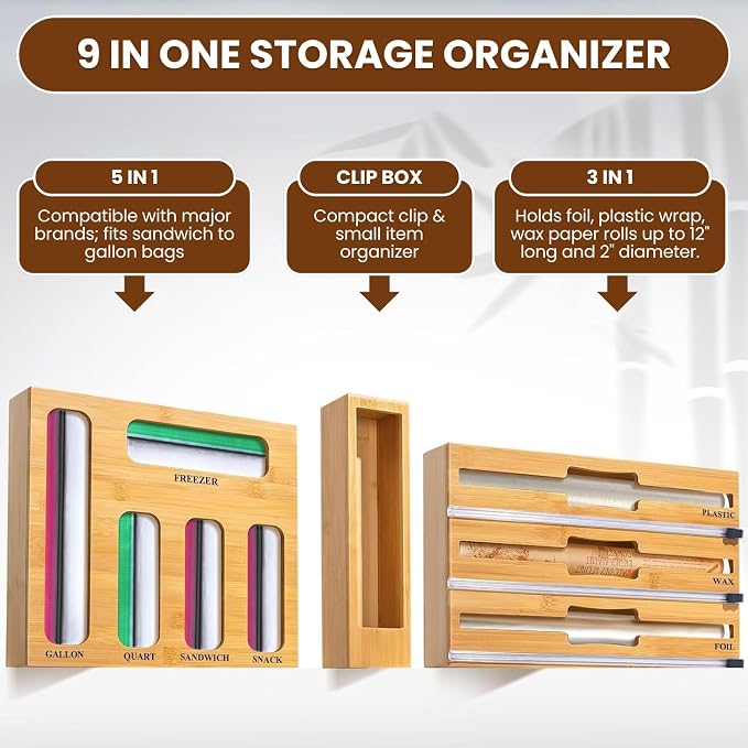 9-in-1 Bamboo Kitchen Drawer Organizer - Storage Bag Holder with Built-In Foil & Wrap Cutter Dispenser - Wooden Food Storage Bag Organizer for Gallon, Quart, Sandwich and Snack Sizes - Image 5