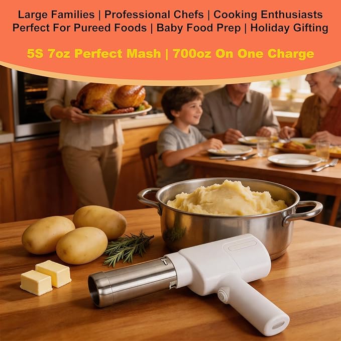 Electric Potato Masher & Ricer, 5-in-1 Handheld with 5 Discs, 5s 7oz Creamy Mash, Food Grade 304 Stainless Steel, Dishwasher Safe, Ideal for Thanksgiving & Homemade Baby Food (Adults Operated) - Image 5