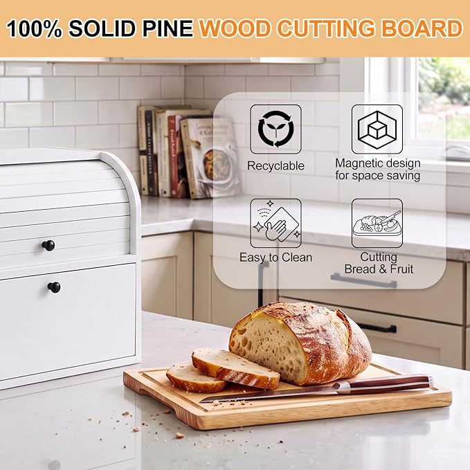 Alpeir Roll Top Bread Box with Cutting Board for Kitchen Countertop, White | Large Breadbox with Ventilation Holes, Double Layer Pantry Shelf, Wooden Homemade Bread Storage Container, Vintage Farmhouse - Image 6