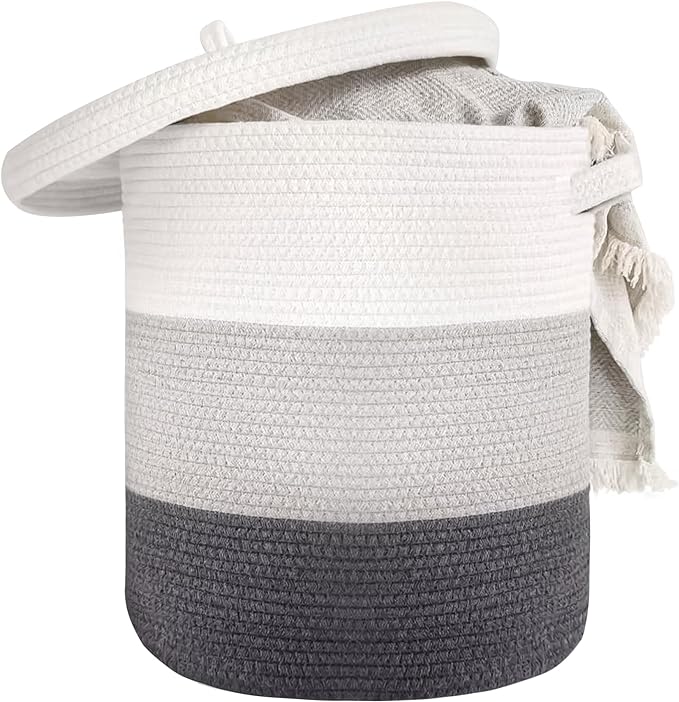 Large Storage Basket with Lid 60L, 16"Wx18"H Woven Laundry Basket with Lid Cotton Laundry Basket, Wicker Basket Blankets Pillows Storage in Living Room Baby Nursery, Dark Gray/Gray/White Mix with Lid by JIABOLANG